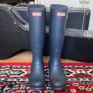 Navy blue tall hunter rain boots